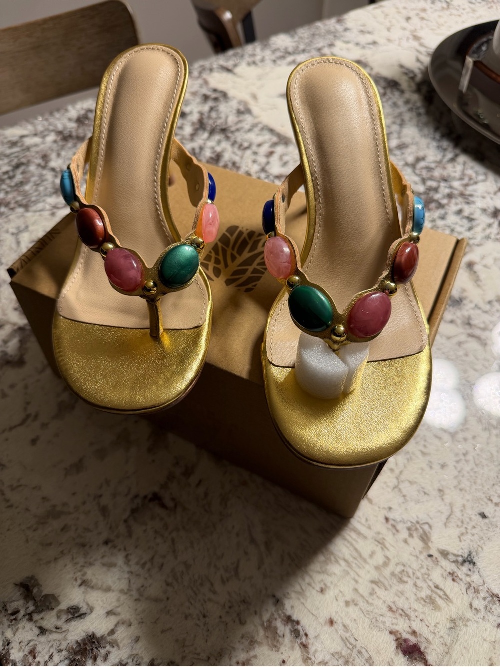 Gold Beaded Thong Sandals with Multicolor Gem Accents